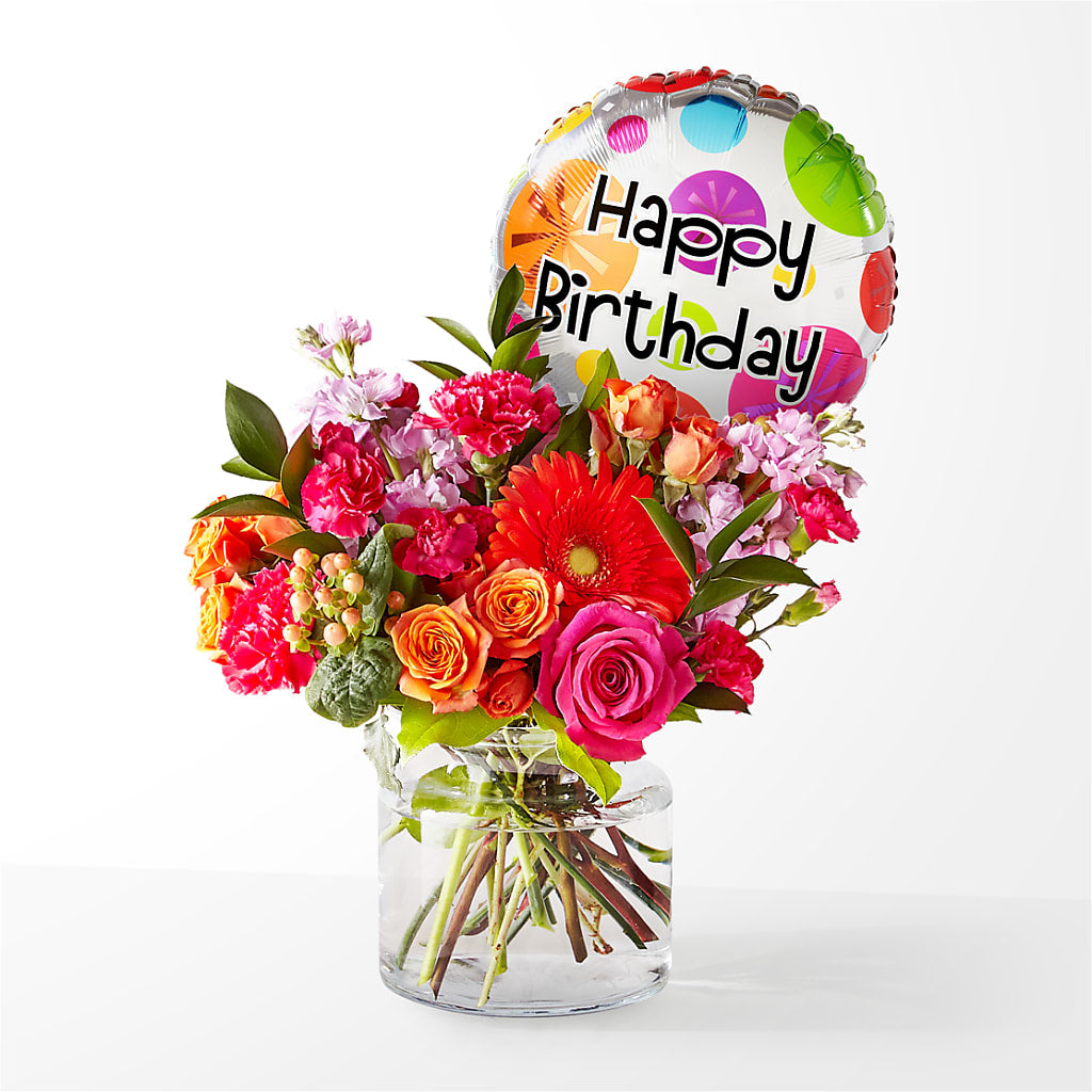 Fiesta Bouquet with Birthday Balloon flower arrangement by Honeybee Floral