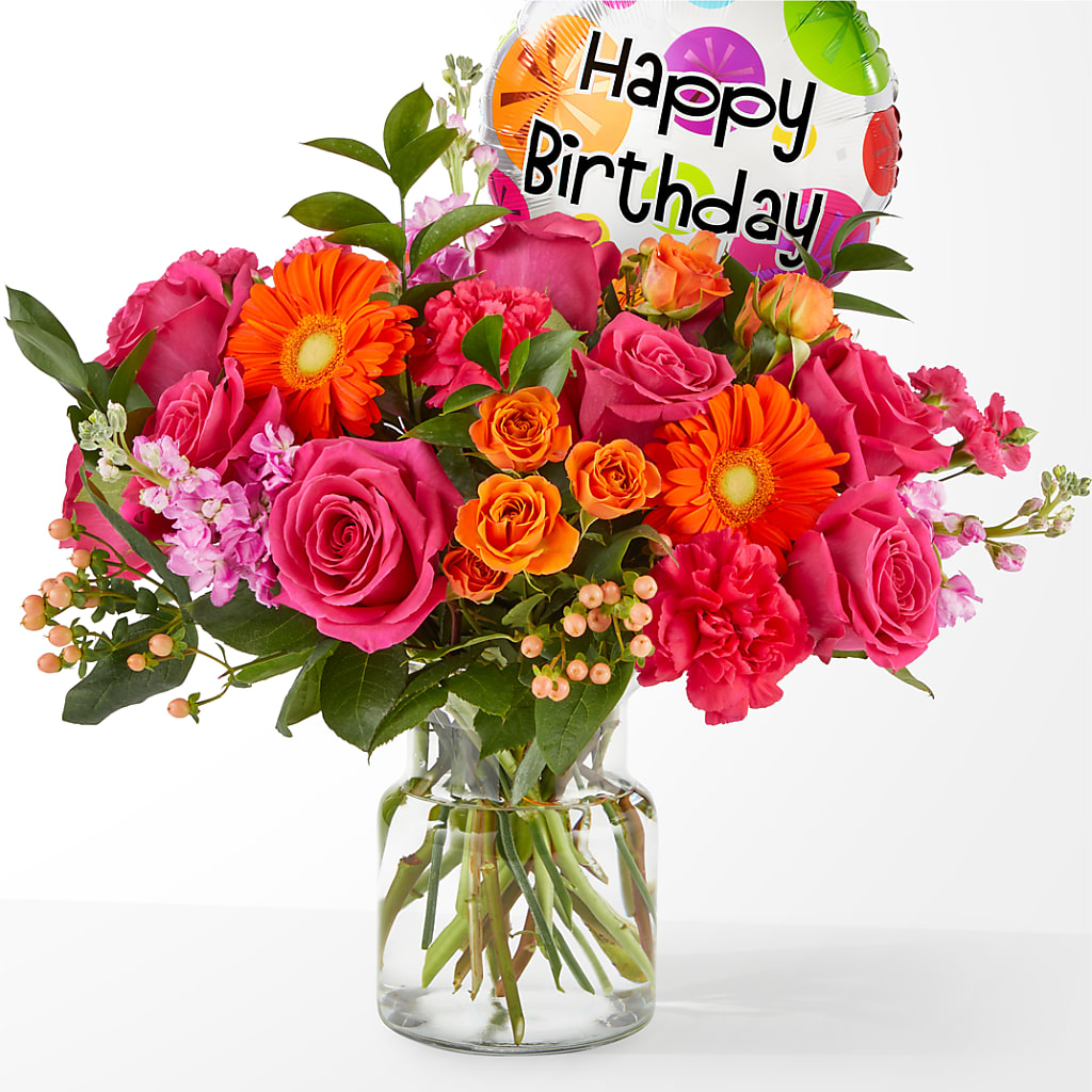 Fiesta Bouquet with Birthday Balloon flower arrangement by Honeybee Floral