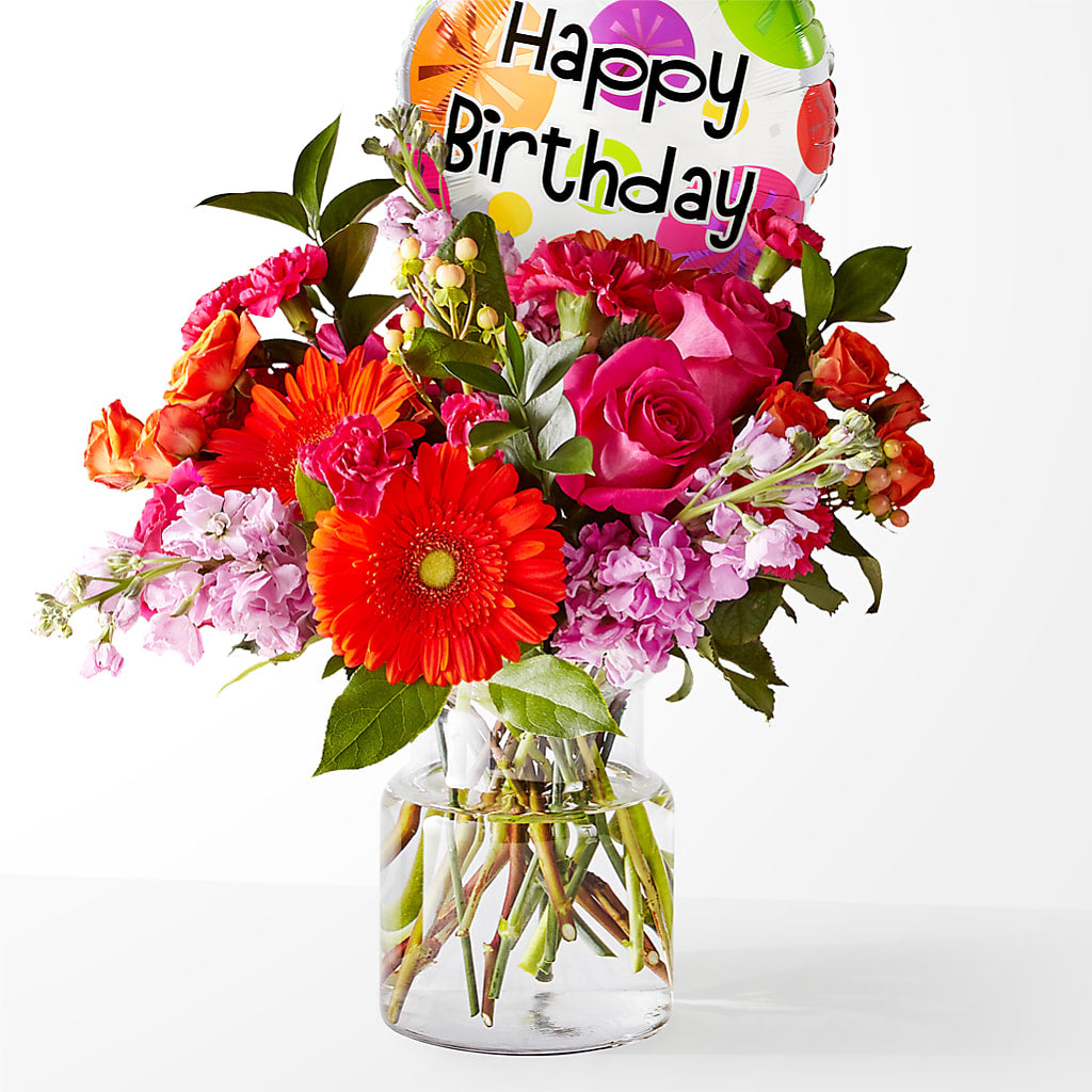 Fiesta Bouquet with Birthday Balloon flower arrangement by Honeybee Floral