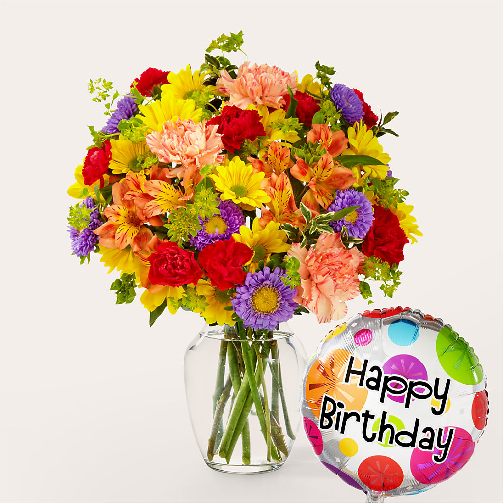 Kaleidoscope Bouquet with Birthday Balloon flower arrangement by Honeybee Floral
