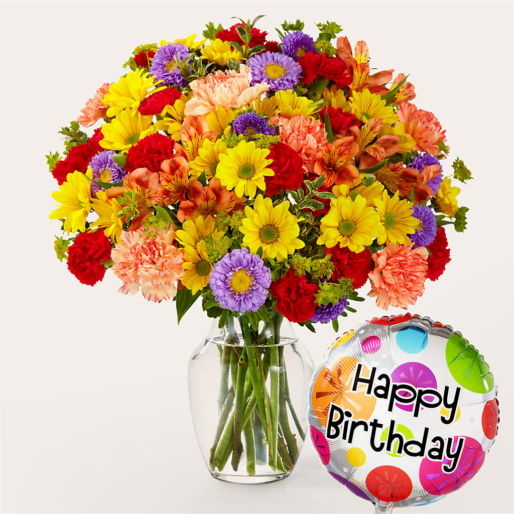 Kaleidoscope Bouquet with Birthday Balloon flower arrangement by Honeybee Floral