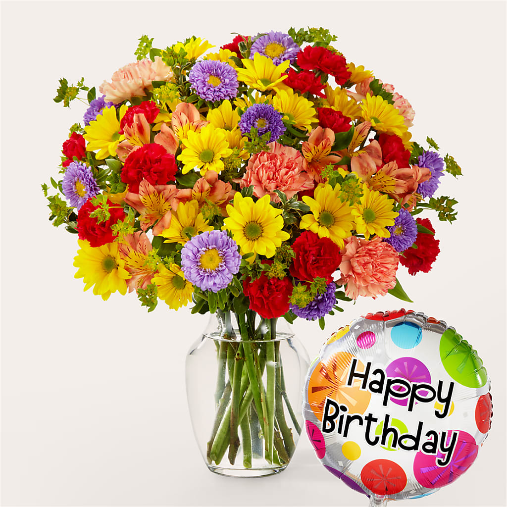 Kaleidoscope Bouquet with Birthday Balloon flower arrangement by Honeybee Floral
