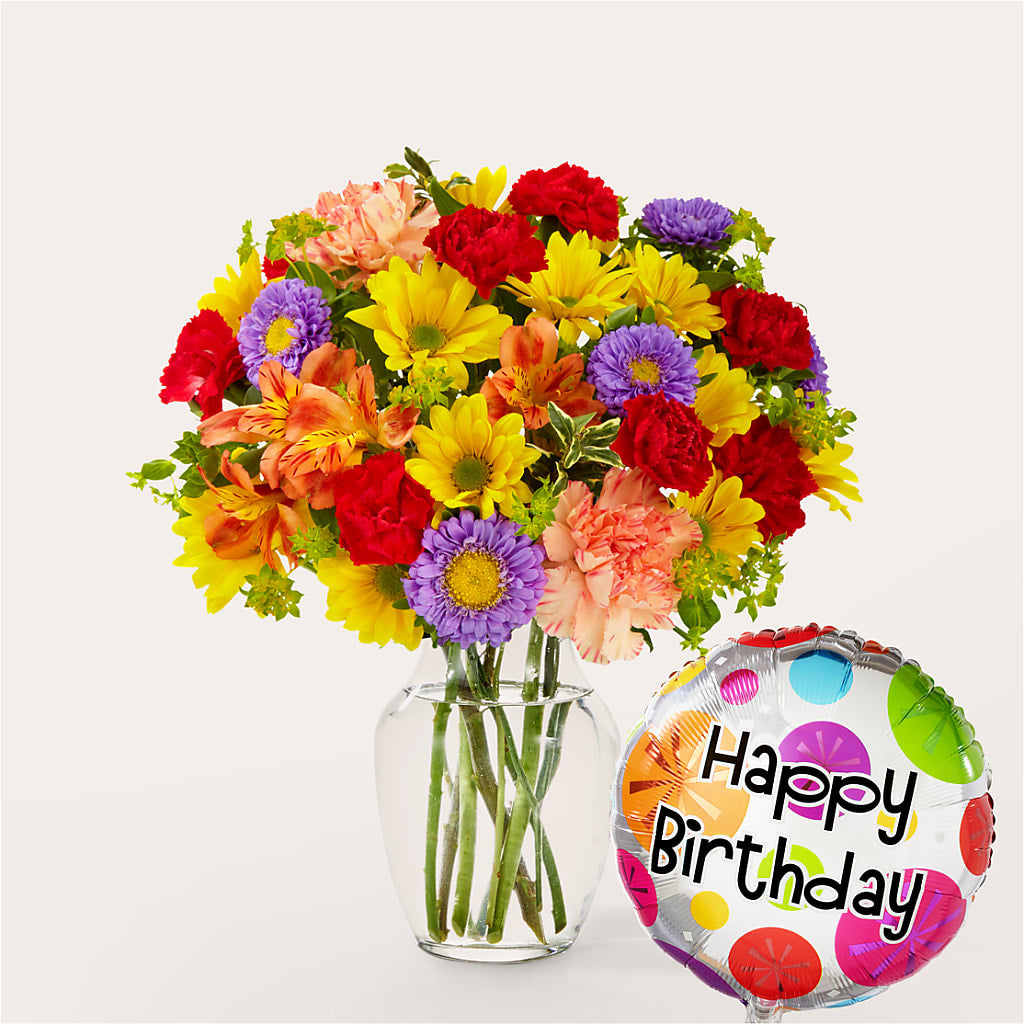 Kaleidoscope Bouquet with Birthday Balloon flower arrangement by Honeybee Floral
