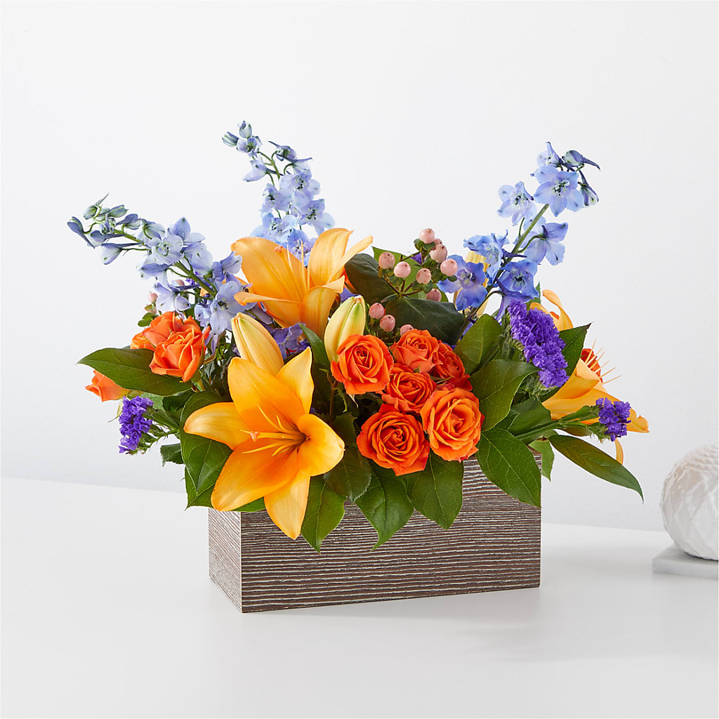Radiant Citrus Box Bouquet flower arrangement by Honeybee Floral
