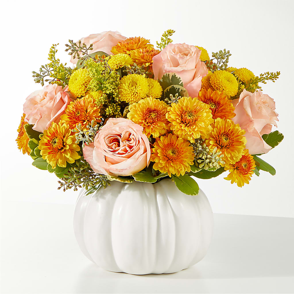 Peachy Pumpkin flower arrangement by Honeybee Floral