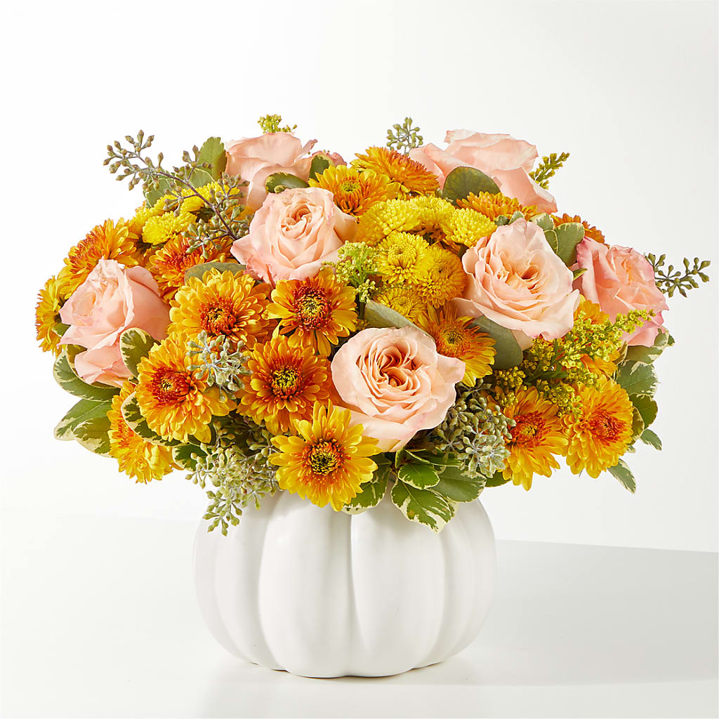 Peachy Pumpkin flower arrangement by Honeybee Floral
