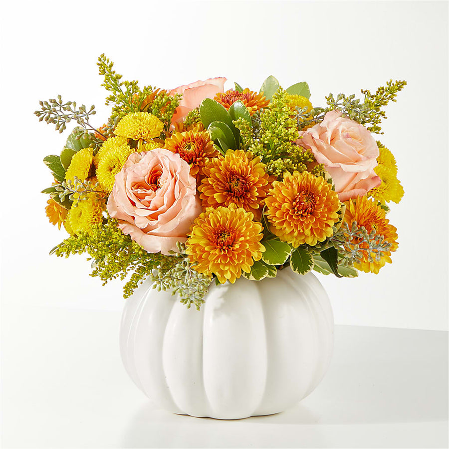 Peachy Pumpkin flower arrangement by Honeybee Floral