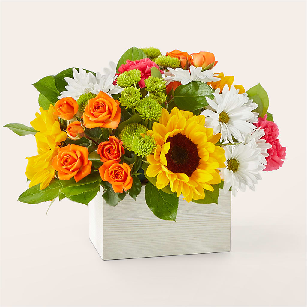 Sun-drenched Blooms Box Bouquet flower arrangement by Honeybee Floral