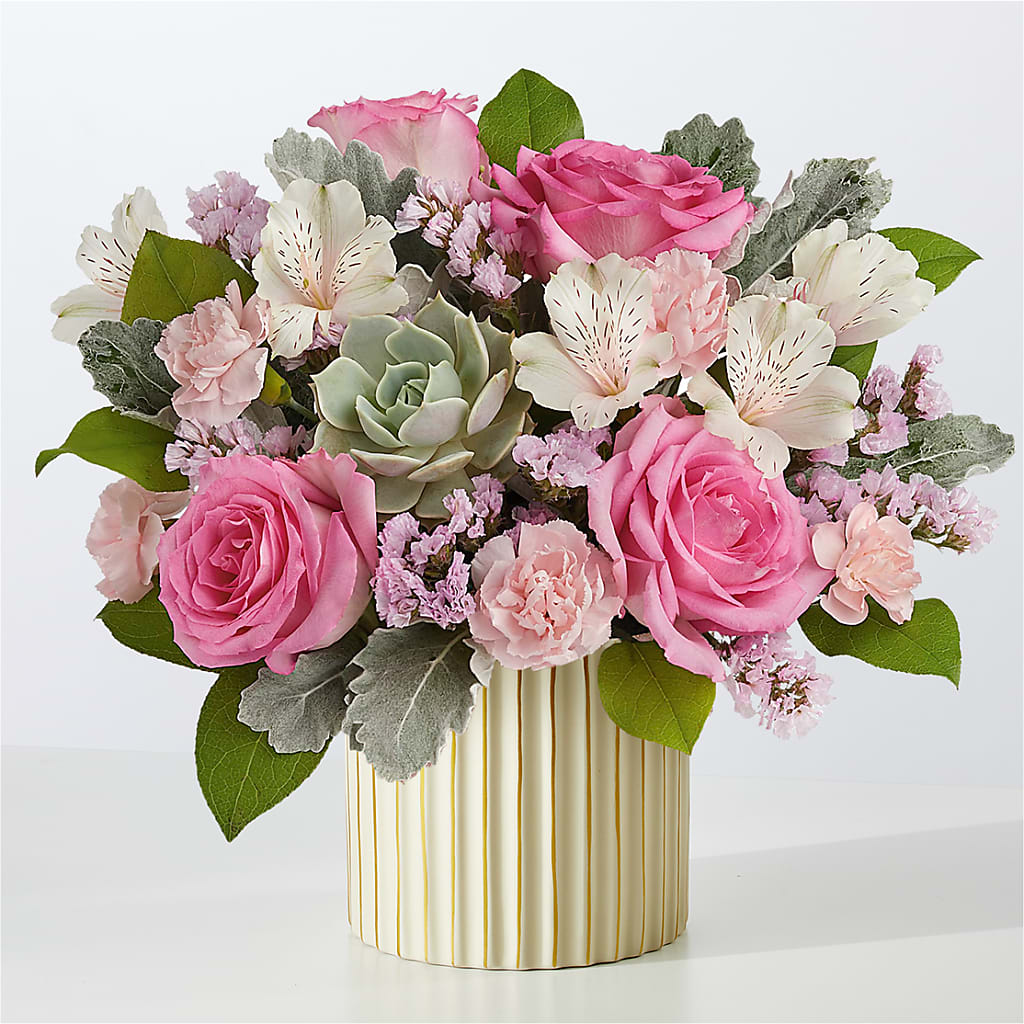 Dusty Rose Bouquet with Ivory Vase flower arrangement by Honeybee Floral