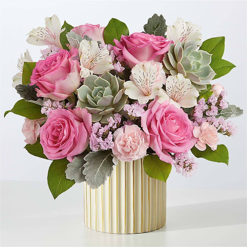 Dusty Rose Bouquet with Ivory Vase flower arrangement by Honeybee Floral