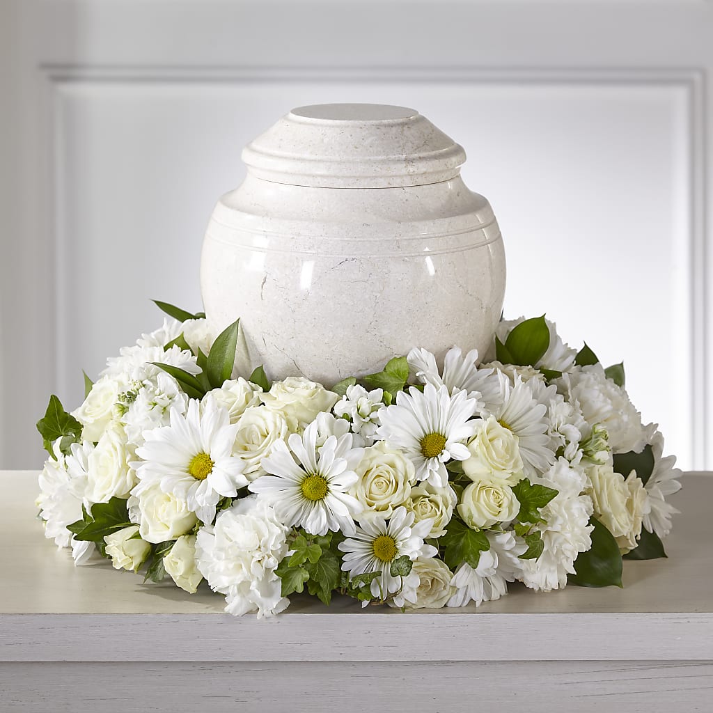 Ivory Gardens Cremation Adornment flower arrangement by Honeybee Floral