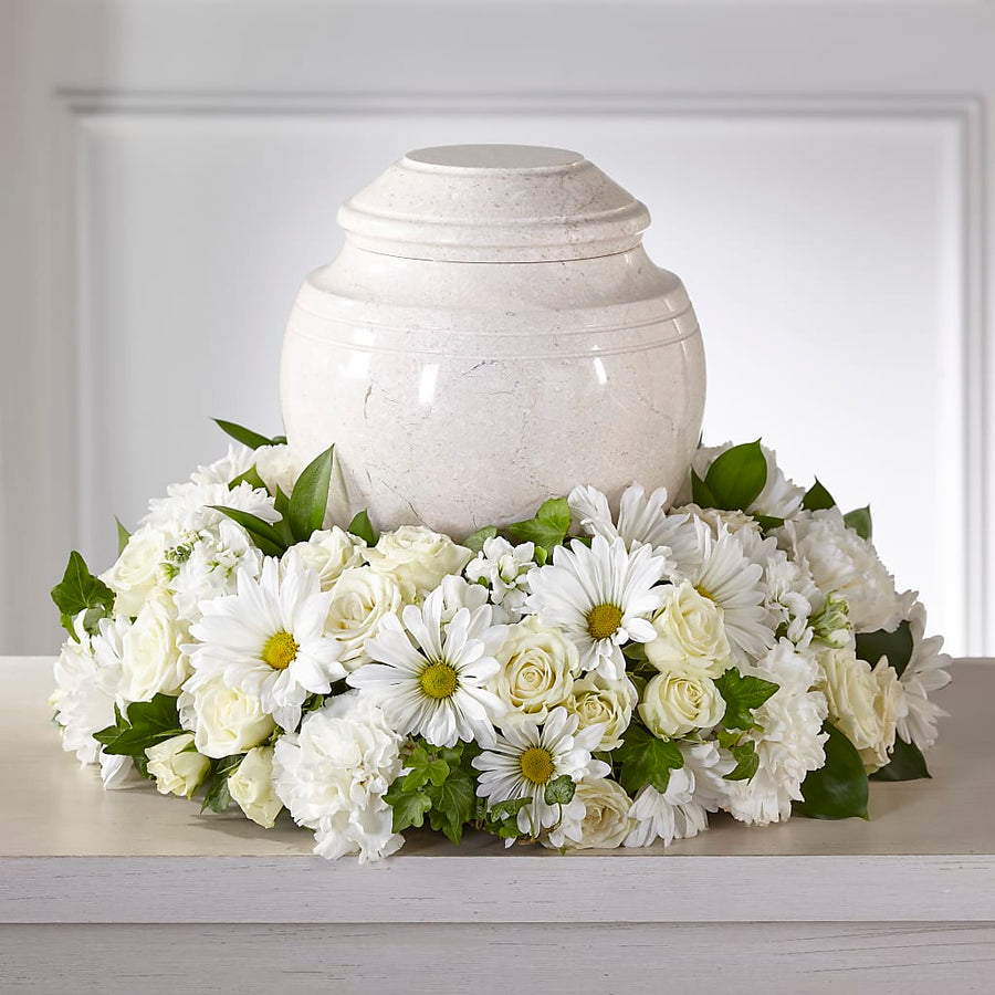 Ivory Gardens Cremation Adornment flower arrangement by Honeybee Floral