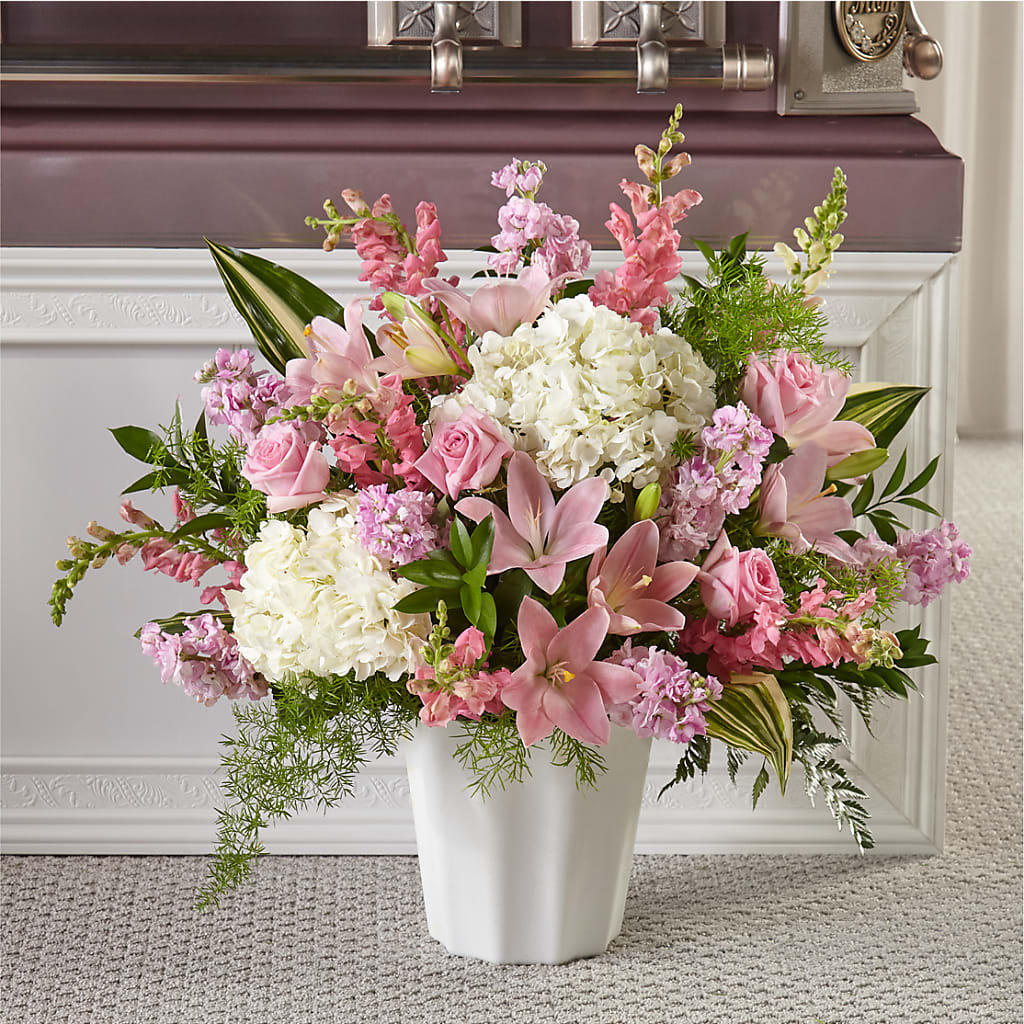 Simply Serene Floor Basket flower arrangement by Honeybee Floral