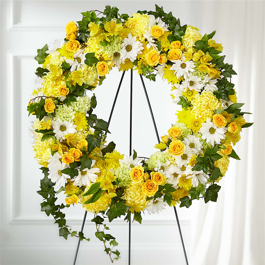 Golden Remembrance Wreath flower arrangement by Honeybee Floral