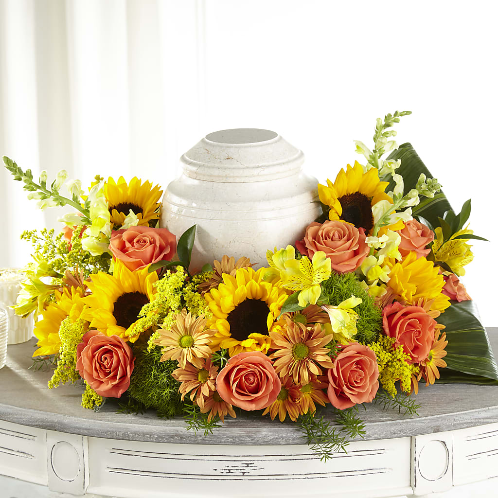 Faithful Sunflower Cremation Adornment flower arrangement by Honeybee Floral
