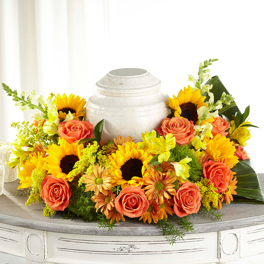 Faithful Sunflower Cremation Adornment flower arrangement by Honeybee Floral
