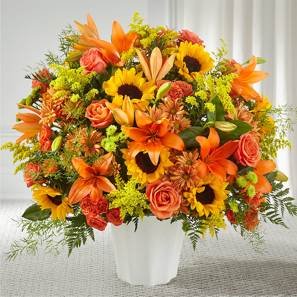 Harvest Thoughts Floor Basket flower arrangement by Honeybee Floral
