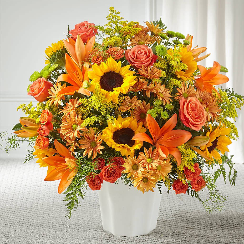 Harvest Thoughts Floor Basket flower arrangement by Honeybee Floral