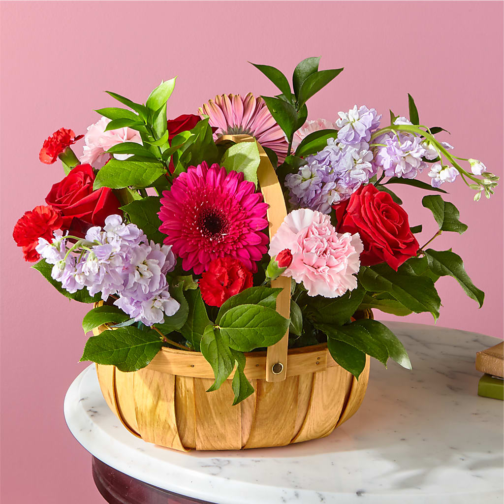 Pink Picnic Basket flower arrangement by Honeybee Floral