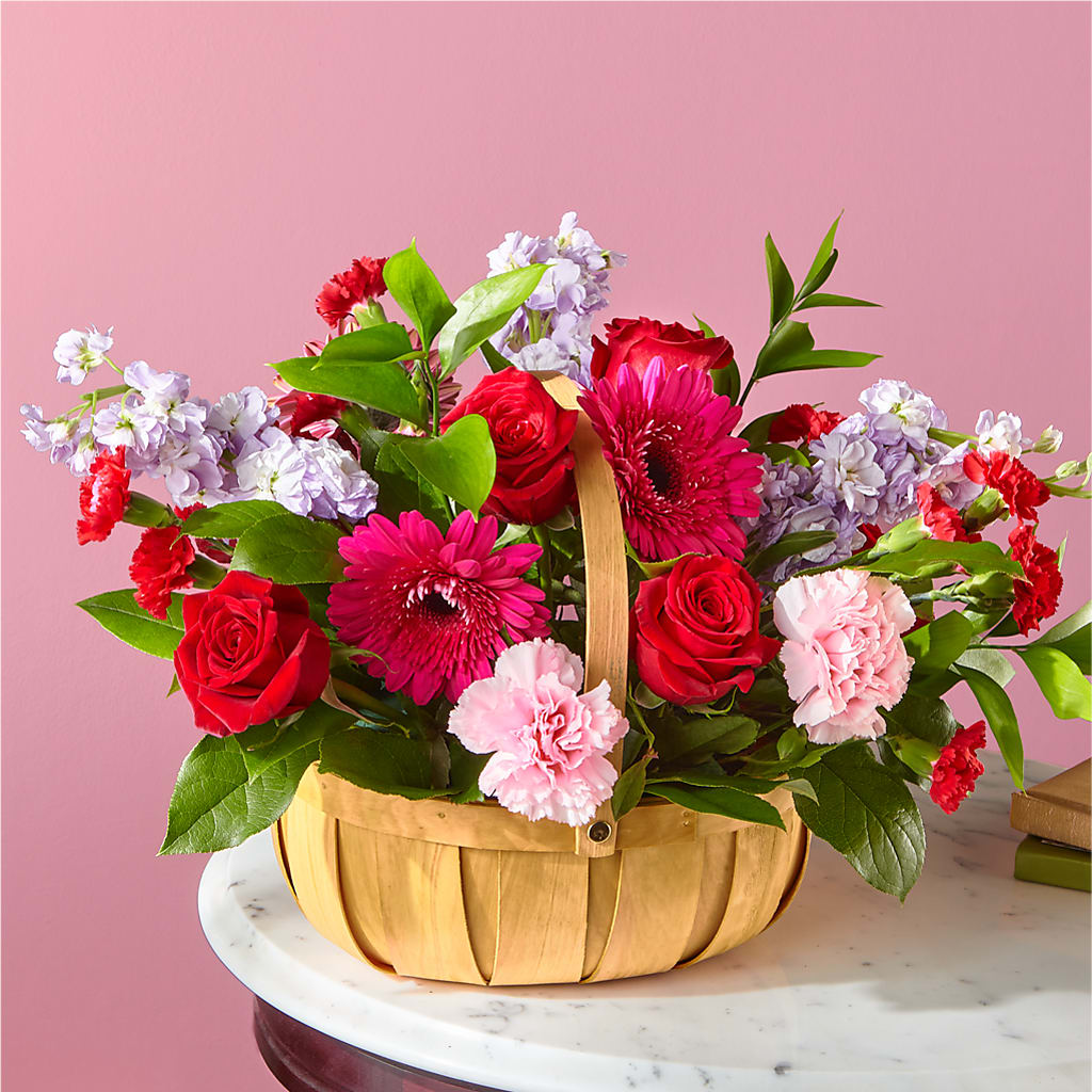 Pink Picnic Basket flower arrangement by Honeybee Floral