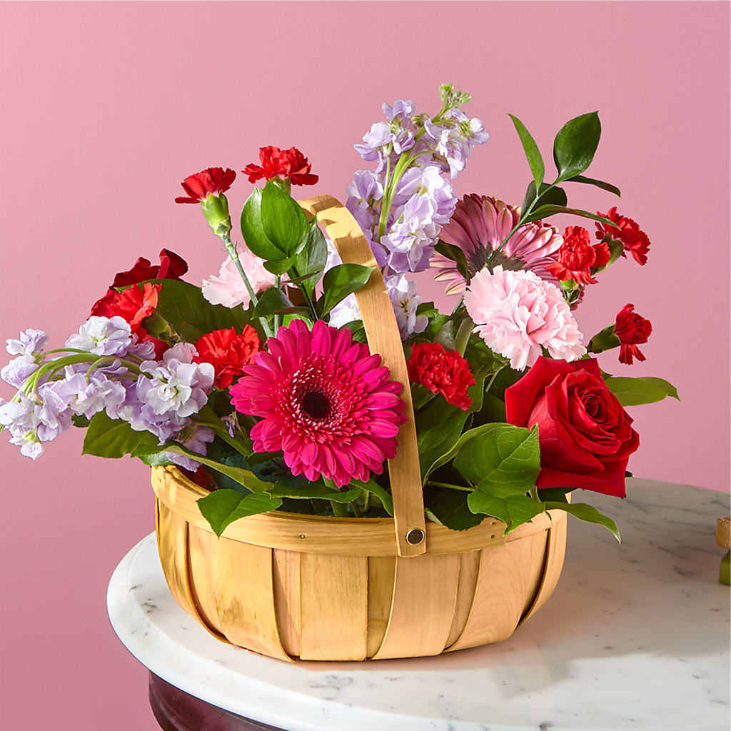 Pink Picnic Basket flower arrangement by Honeybee Floral