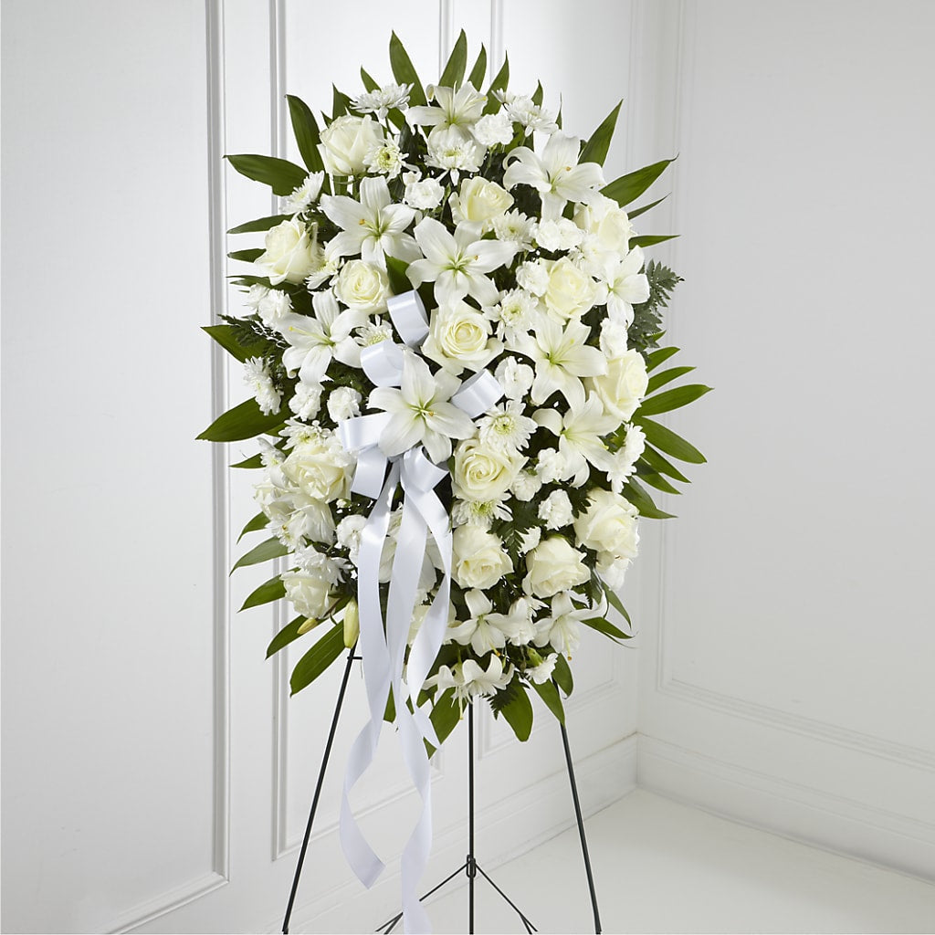 Exquisite Tribute Standing Spray-White Ribbon flower arrangement by Honeybee Floral