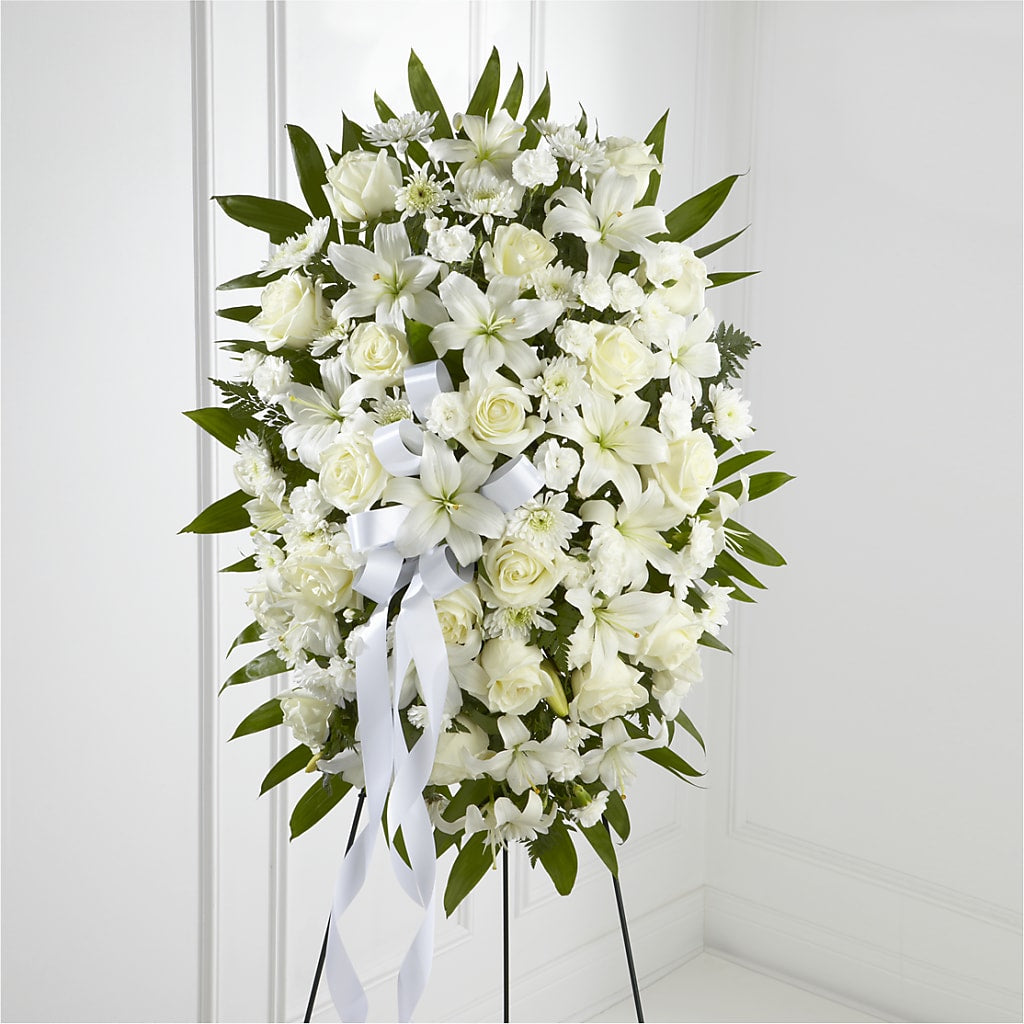 Exquisite Tribute Standing Spray-White Ribbon flower arrangement by Honeybee Floral