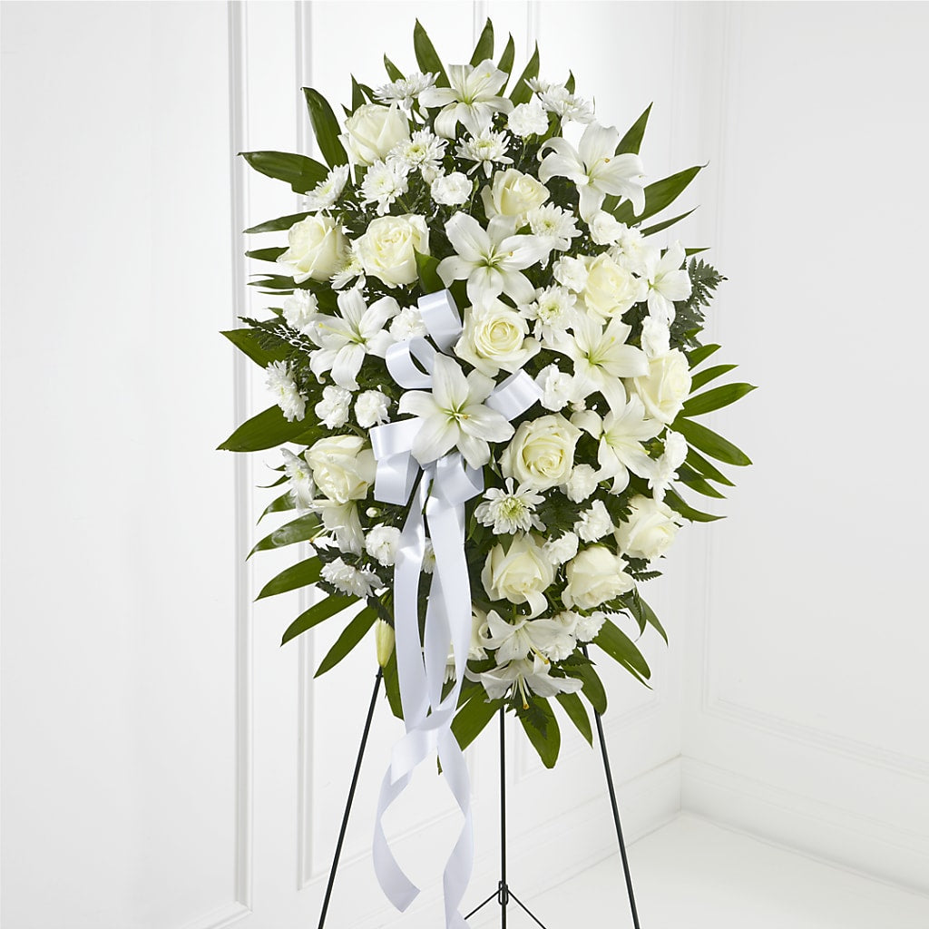 Exquisite Tribute Standing Spray-White Ribbon flower arrangement by Honeybee Floral