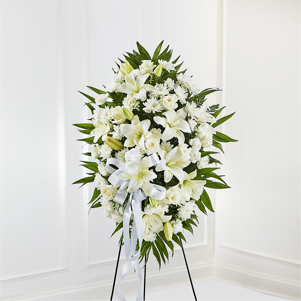 Exquisite Tribute Standing Spray-White Ribbon flower arrangement by Honeybee Floral