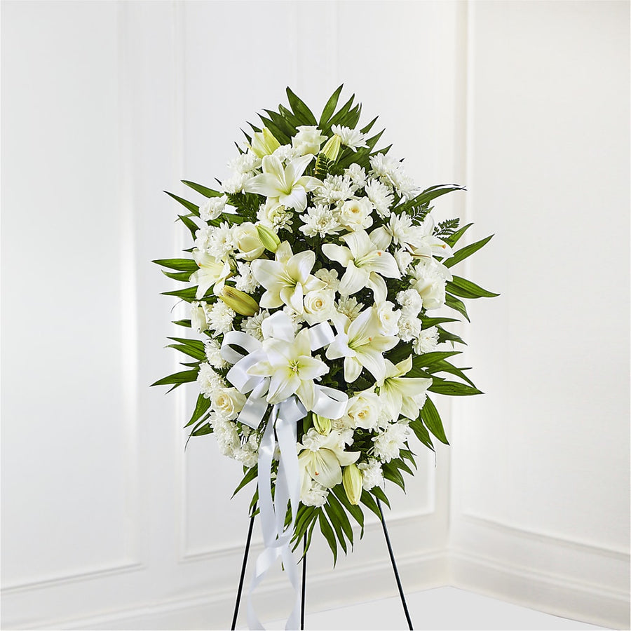 Exquisite Tribute Standing Spray-White Ribbon flower arrangement by Honeybee Floral
