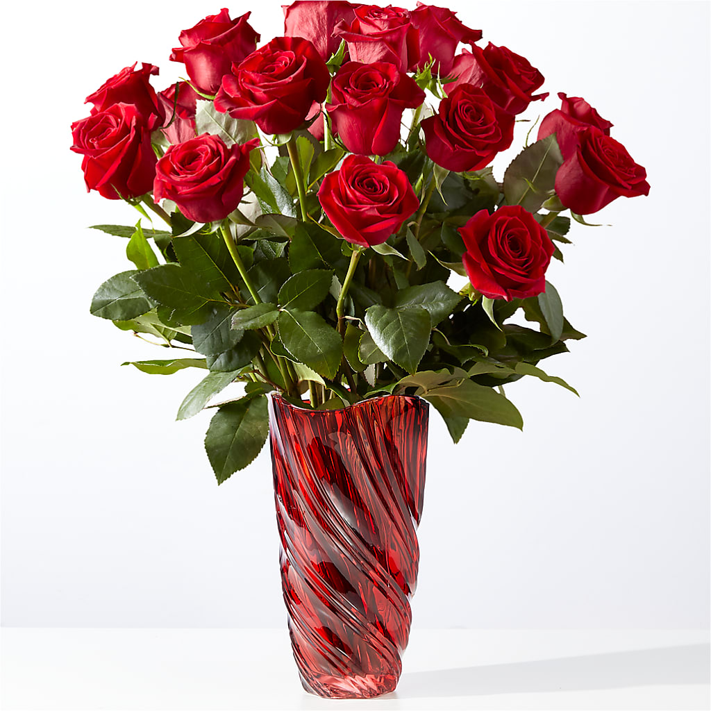 Classic Love Red Rose Bouquet with Luxe Swirl Vase flower arrangement by Honeybee Floral