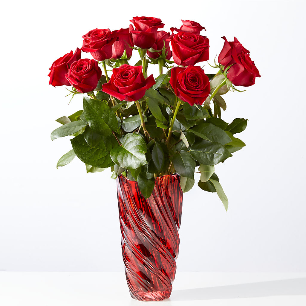 Classic Love Red Rose Bouquet with Luxe Swirl Vase flower arrangement by Honeybee Floral