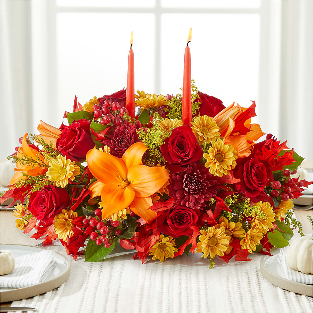 Autumn's Embrace Centerpiece flower arrangement by Honeybee Floral