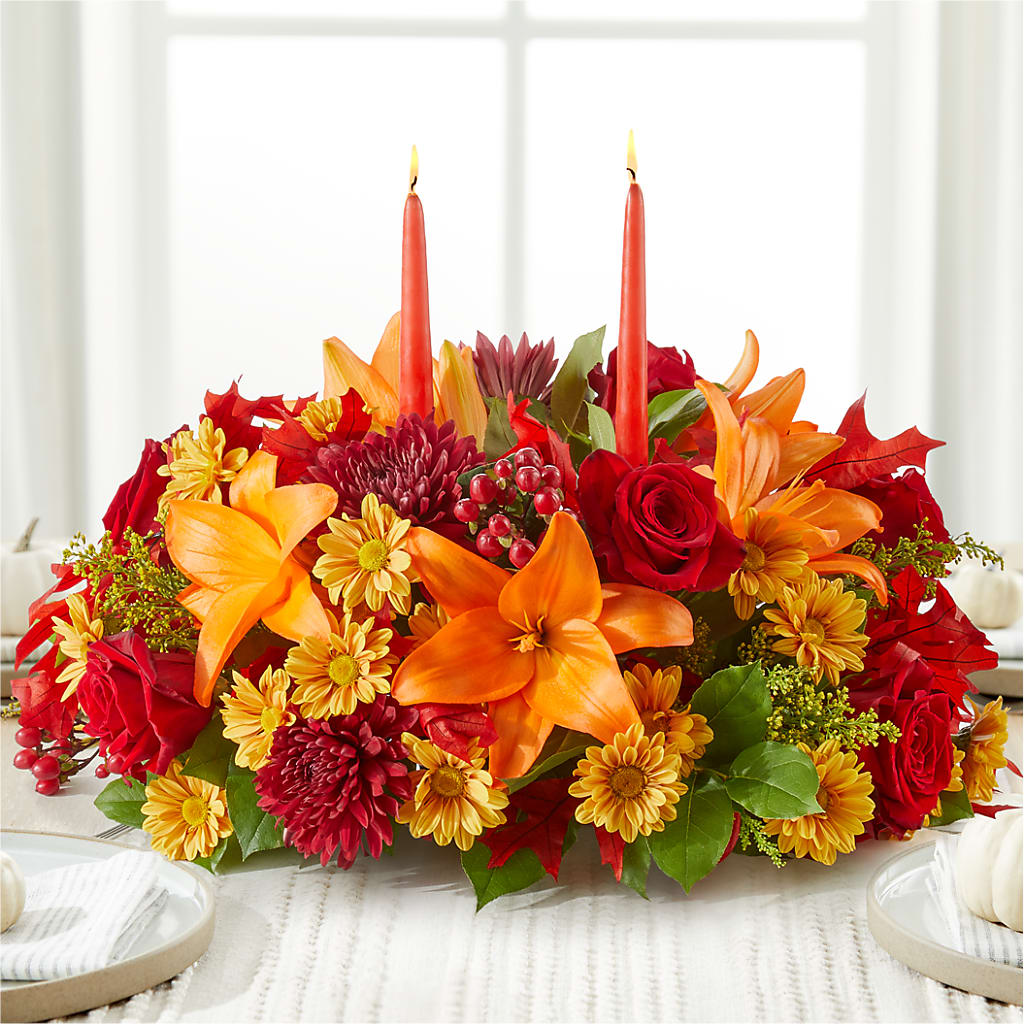 Autumn's Embrace Centerpiece flower arrangement by Honeybee Floral