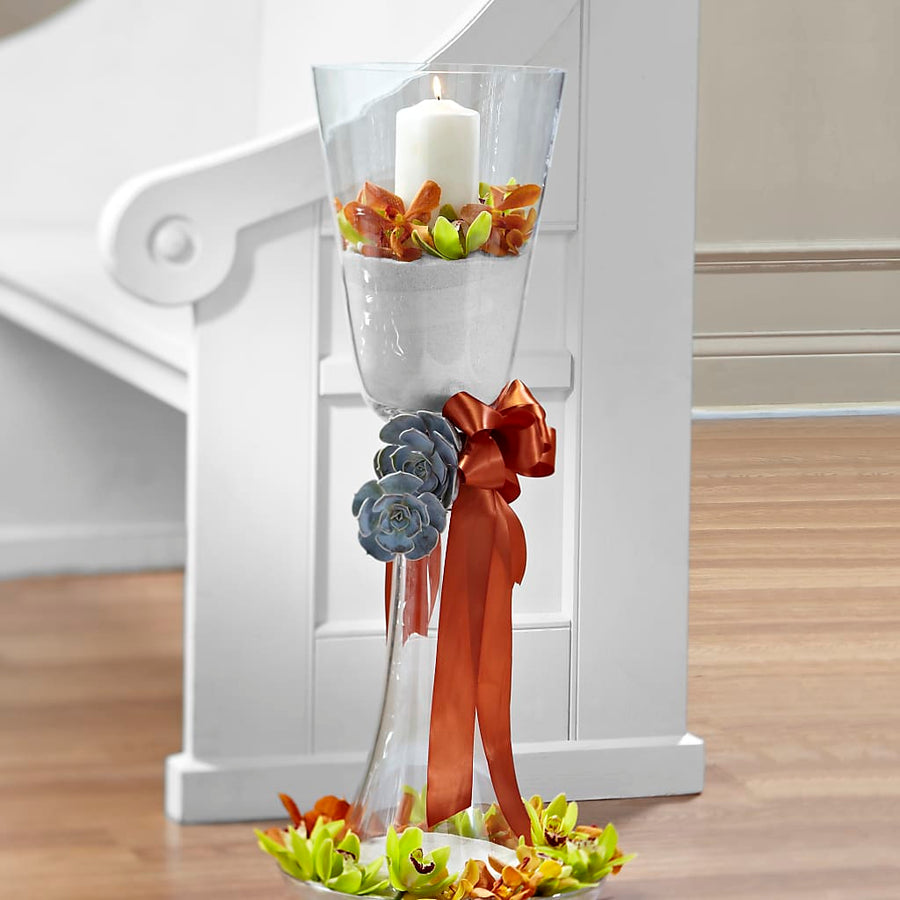 Matrimony Pew Decor flower arrangement by Honeybee Floral