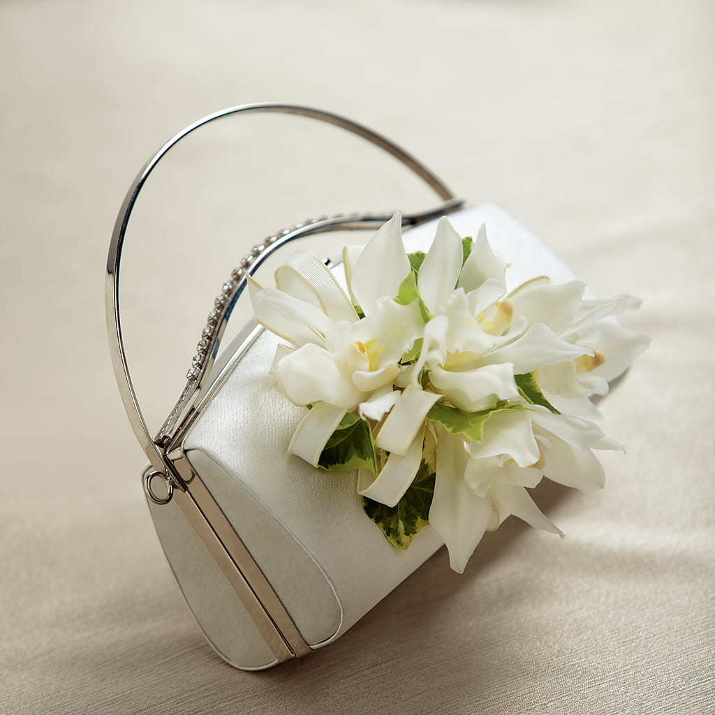 White Purse Decor flower arrangement by Honeybee Floral